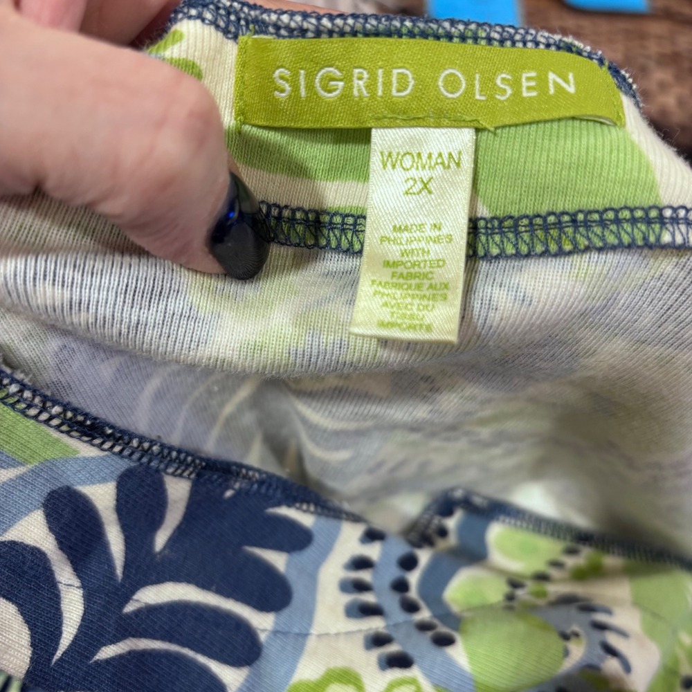 Sigrid Olsen Blue Green Floral Print V‎ Neck Long Sleeve Tunic Top VGUC Wmn 2X - Picture 2 of 7